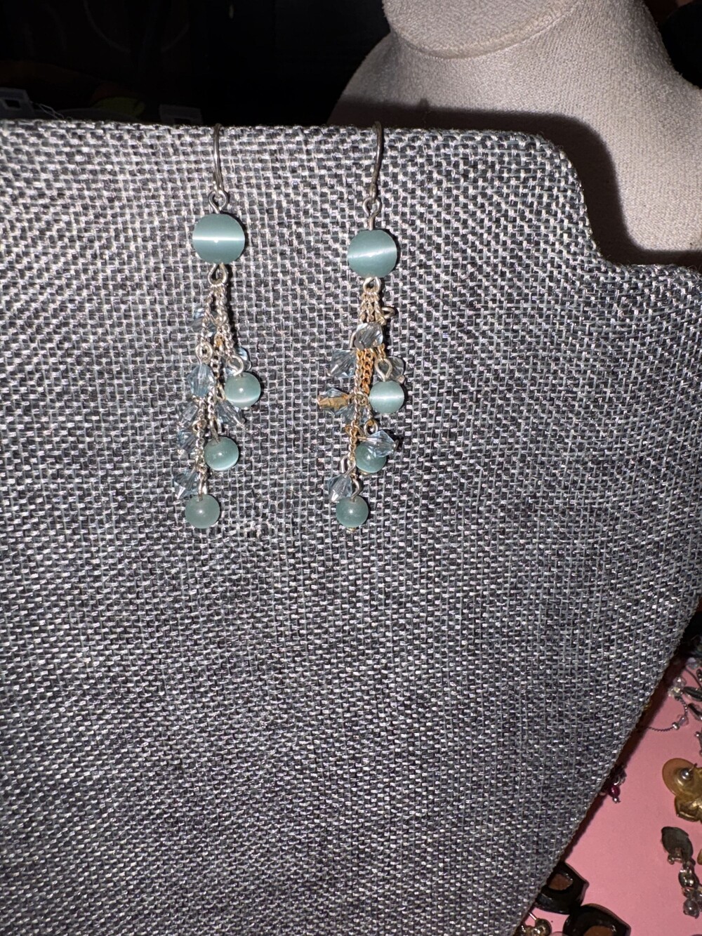 Blue cats eye bead necklace, bracelet, and two sets of earings